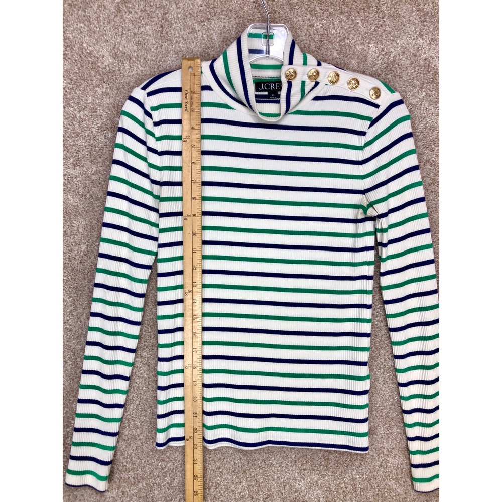 J. Crew Striped Button Shoulder Turtleneck Top Women XS White Blue Ribbed Office - Picture 6 of 8